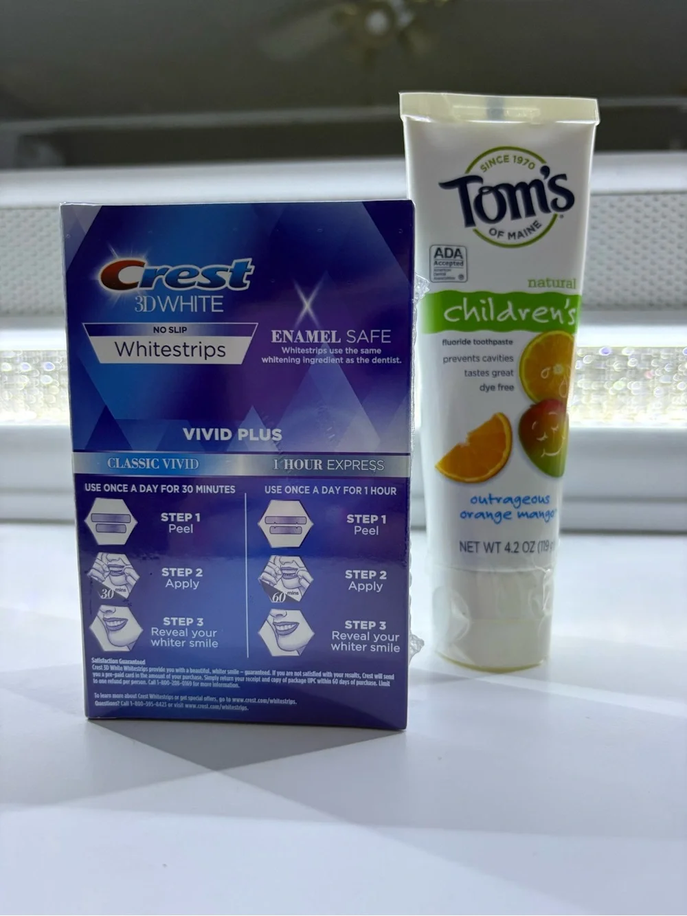 Crest 3D White Vivid Plus Teeth Whitening Strips and 2 Tom’s kids tooth paste